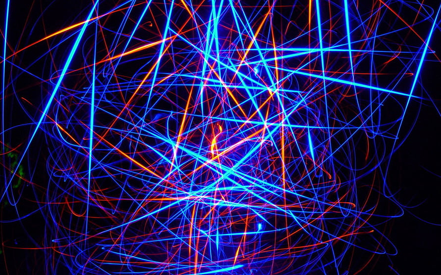 Vibrant Neon Light Trails Abstract Artwork with Blue and Orange Streaks on Black Background HD wallpaper