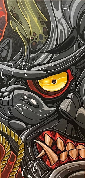 Keith Savy Samurai Artwork: Menacing Japanese Warrior with Glowing Eye and Fanged Grin HD phone wallpaper