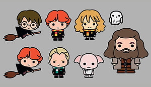 Chibi Style Harry Potter Characters Including Harry, Ron, Hermione, and Hagrid HD wallpaper