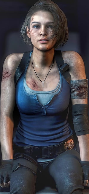 Jill Valentine from Resident Evil 3 Remake in a blue tank top with tactical gear and battle-worn appearance HD phone wallpaper