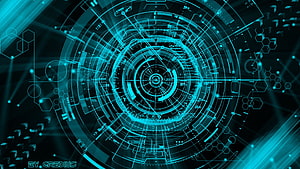 Futuristic Cyan Holographic Interface with Concentric Circuits and Hexagonal Patterns HD wallpaper