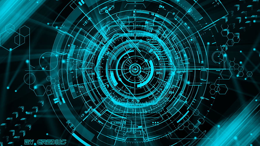 Futuristic Cyan Holographic Interface with Concentric Circuits and Hexagonal Patterns HD wallpaper