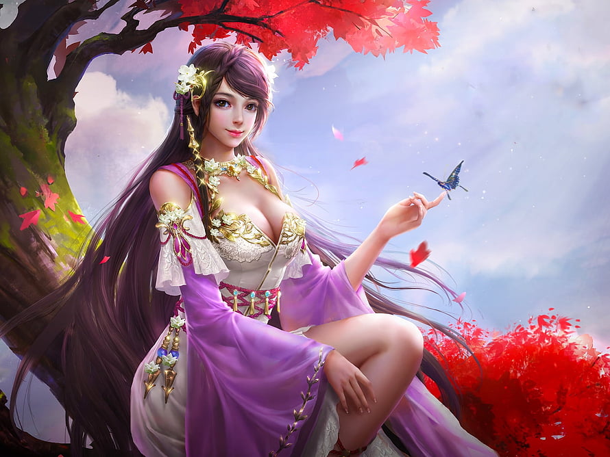 Fantasy Woman in Purple and Gold Dress Under Red Maple Tree with Butterfly HD wallpaper