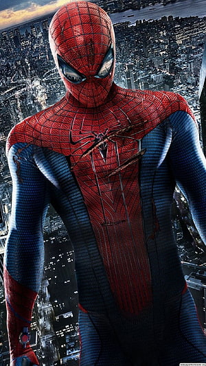 The Amazing Spider-Man in Classic Red and Blue Suit Over Nighttime City Skyline HD phone wallpaper