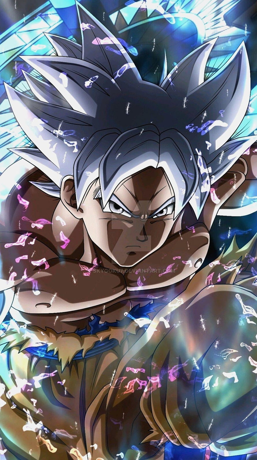 Goku Ultra Instinct Anime Character Portrait with Silver Hair and Energy Aura HD phone wallpaper