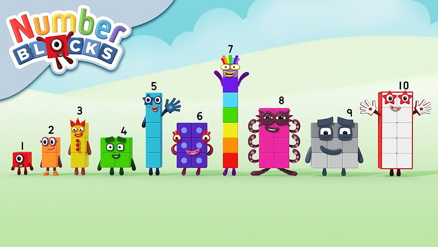 Numberblocks 1 to 10 Character Lineup on Green Grass with Blue Sky Background HD wallpaper