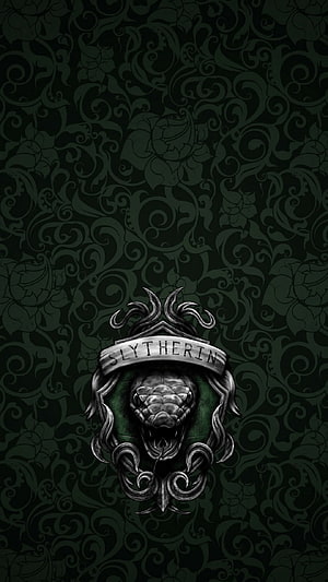 Slytherin House Crest with Ornate Snake Emblem on Dark Floral Background HD phone wallpaper