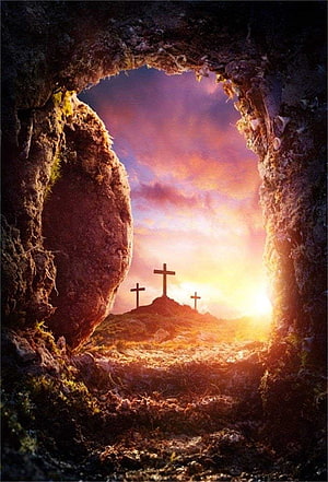 Three Crosses on Golgotha Hill at Sunset Viewed Through a Rocky Cave Opening HD phone wallpaper