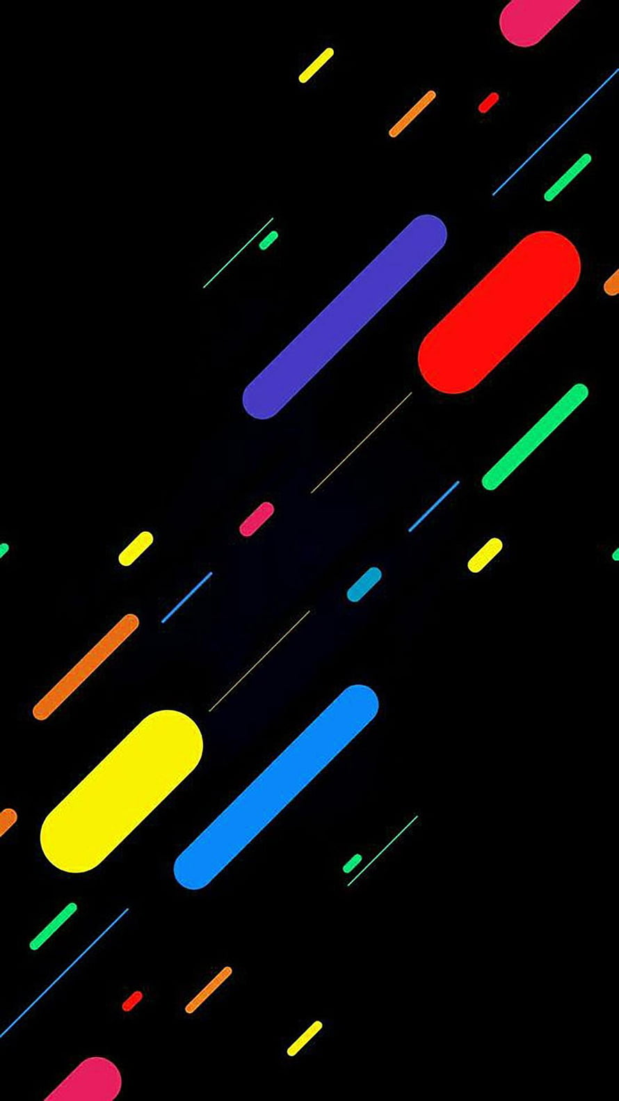 Vibrant diagonal neon capsule shapes on a deep black background HD phone wallpaper