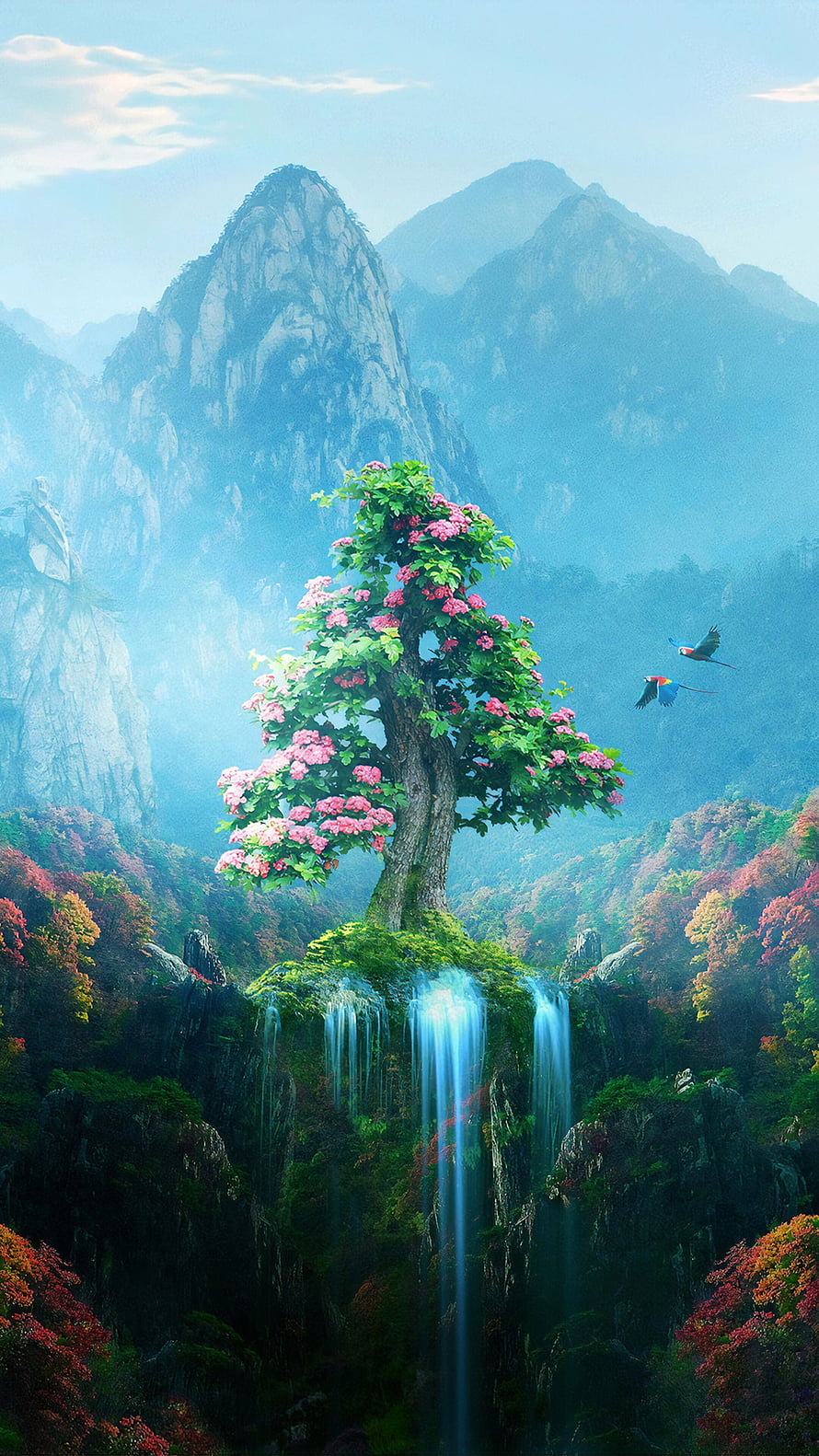 Fantasy Mountain Landscape with Blossoming Tree, Waterfall, and Parrots in Misty Peaks HD phone wallpaper