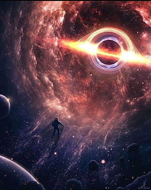 Astronaut Drifting Through a Vibrant Nebula Toward a Glowing Black Hole HD phone wallpaper