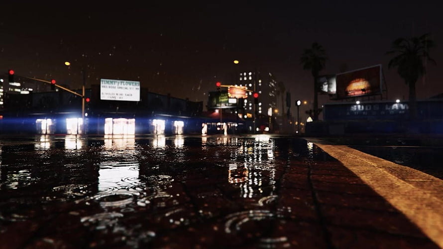 Grand Theft Auto V Rainy Night City Street with Wet Pavement Reflections HD wallpaper