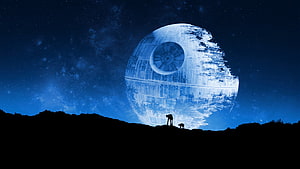 Star Wars Death Star Rising Over Silhouetted Landscape Under Starry Night Sky HD wallpaper