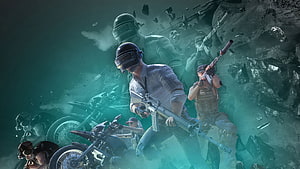 PUBG Mobile Tactical Combat Scene with Armed Soldiers and Motorcycles in Teal Haze HD wallpaper