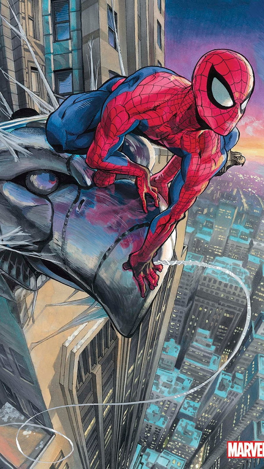 Spider-Man Crouched on a Car Rooftop with Web Line Against a City Skyline HD phone wallpaper