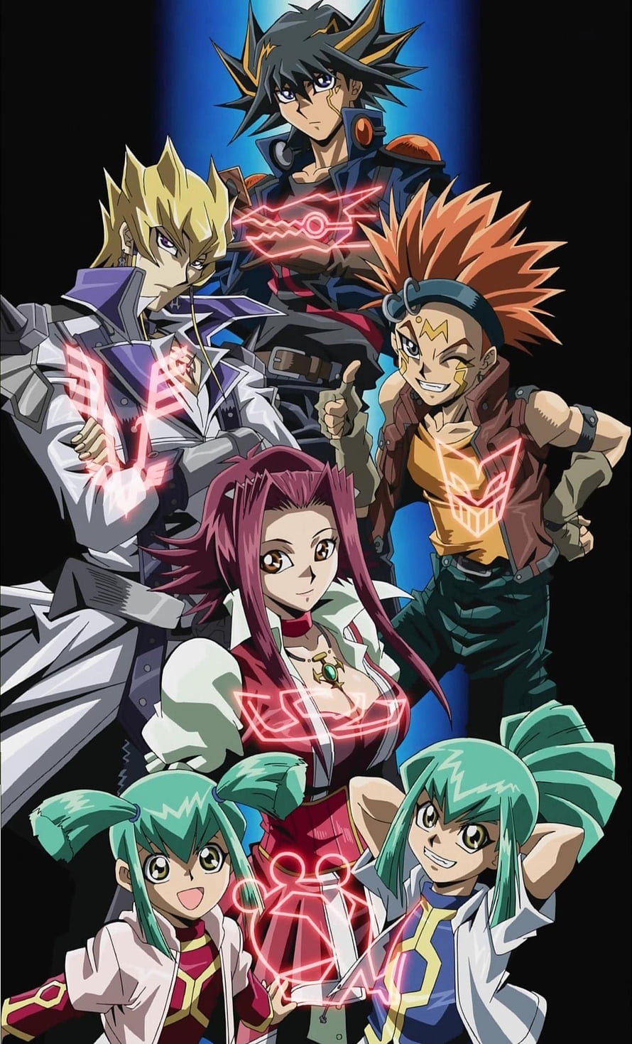 Yu-Gi-Oh! 5D's Main Cast Group Portrait with Glowing Duel Disk Symbols HD phone wallpaper