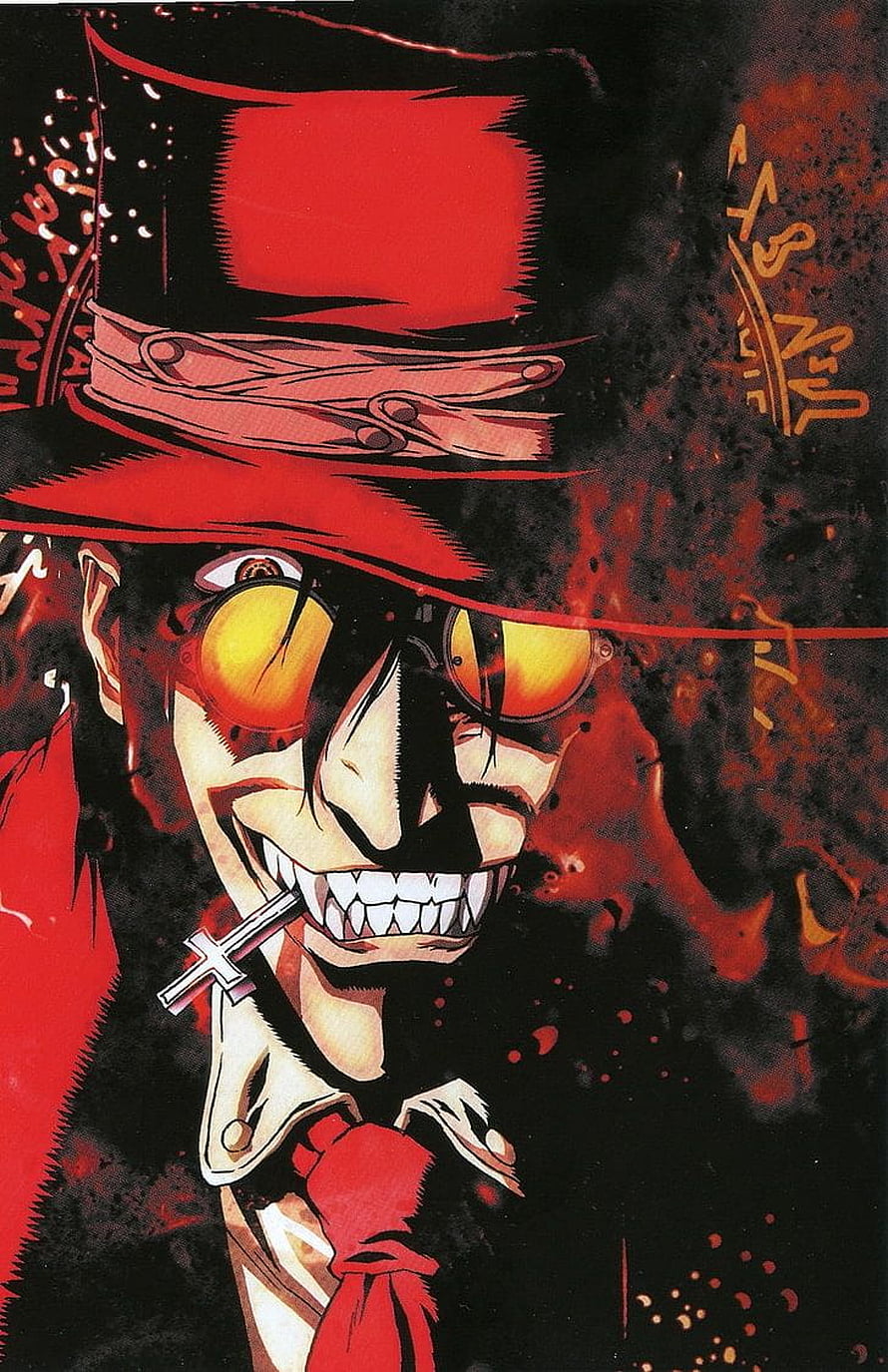 Alucard from Hellsing in a red top hat with round glasses and a cross pendant HD phone wallpaper