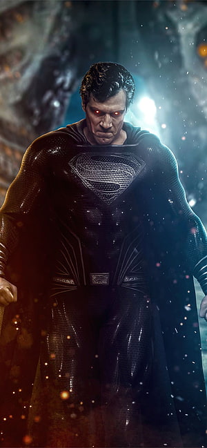 Superman in Black Suit with Glowing Red Eyes in Dark Cinematic Setting, justice league superman black suit 12 , Superman HD phone wallpaper