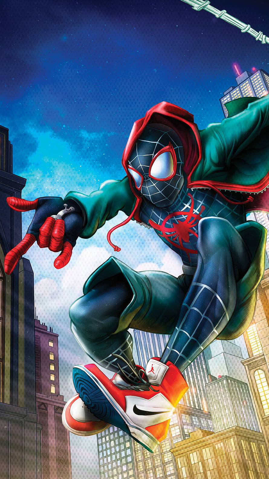 Miles Morales Spider-Man in Green Hoodie Swinging Over City Skyline at Night HD phone wallpaper