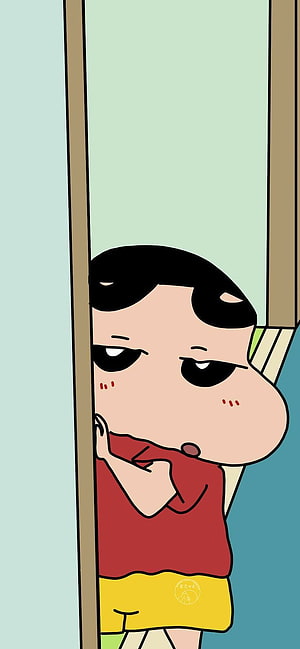 Shin-chan Peeking from Behind a Door with a Bored Expression in Red Shirt HD phone wallpaper