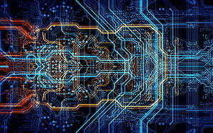 Neon Circuit Board Pattern with Glowing Blue and Orange Traces on Dark Background HD wallpaper