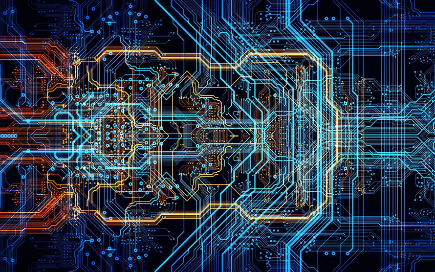 Neon Circuit Board Pattern with Glowing Blue and Orange Traces on Dark Background HD wallpaper