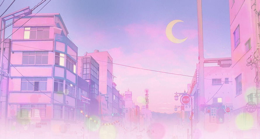 Sailor Moon Aesthetic Japanese Cityscape at Dusk with Crescent Moon and Pastel Pink Haze HD wallpaper