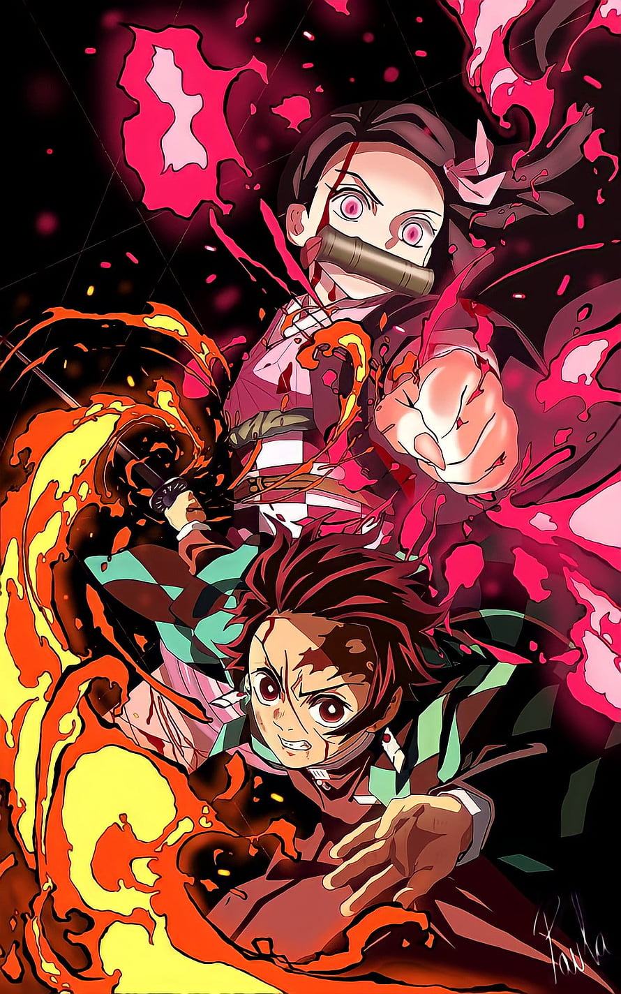 Demon Slayer Anime Artwork Featuring Tanjiro and Zenitsu in Dynamic Combat HD phone wallpaper