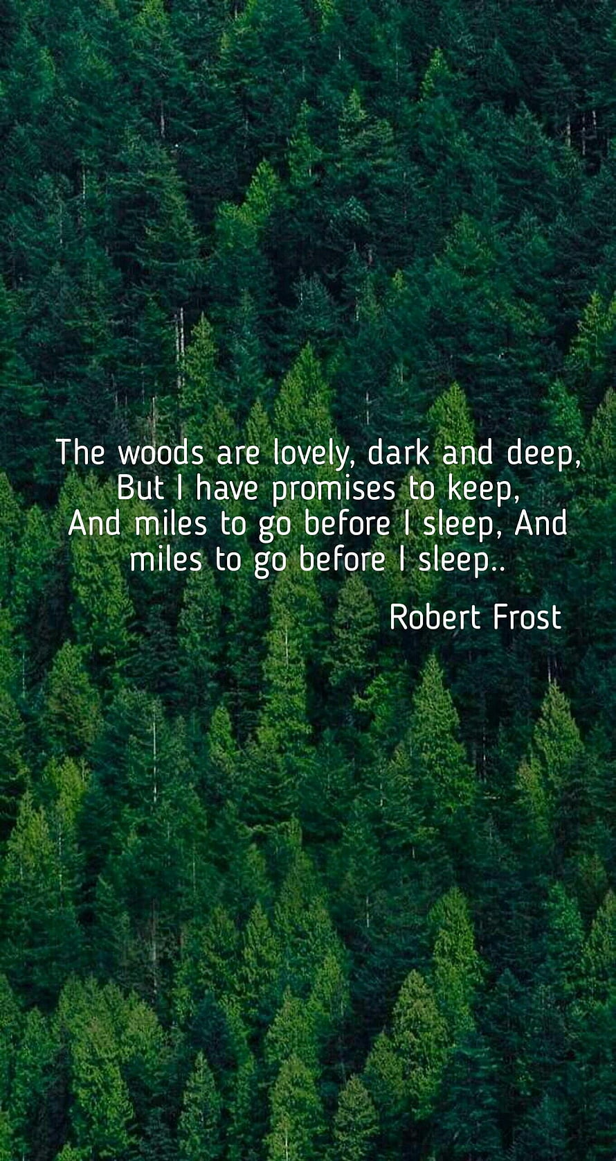 Aerial View of Dense Evergreen Forest with Robert Frost Poem Overlay HD phone wallpaper