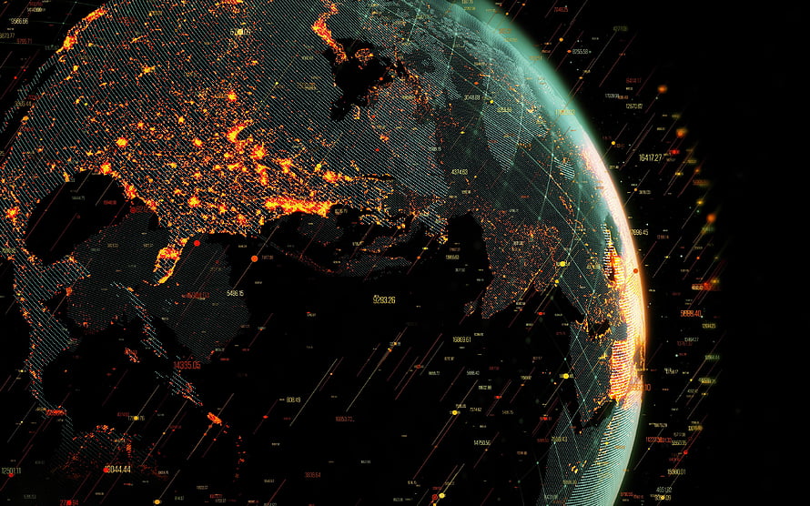Neon Digital Earth with Data Coordinates and Network Grid Overlay HD wallpaper