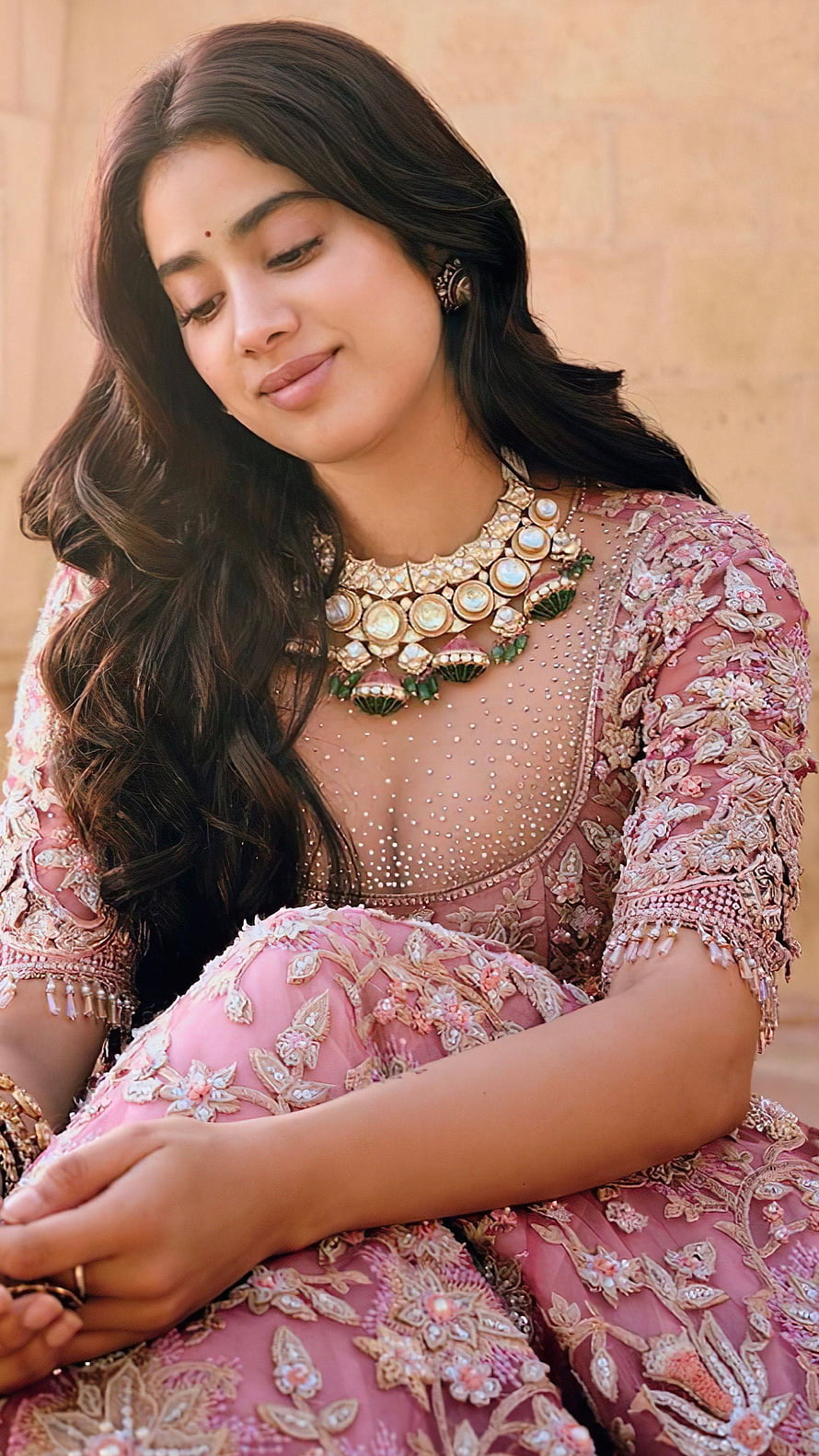Janavi Kapoor in Elegant Pink Embroidered Bridal Lehenga with Traditional Jewelry HD phone wallpaper