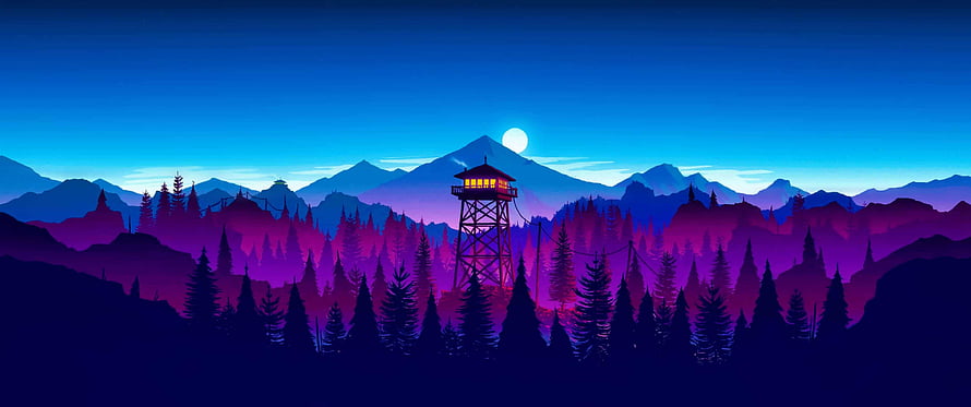 Firewatch Watchtower at Dusk with Moonlit Mountain Range and Pine Forest HD wallpaper