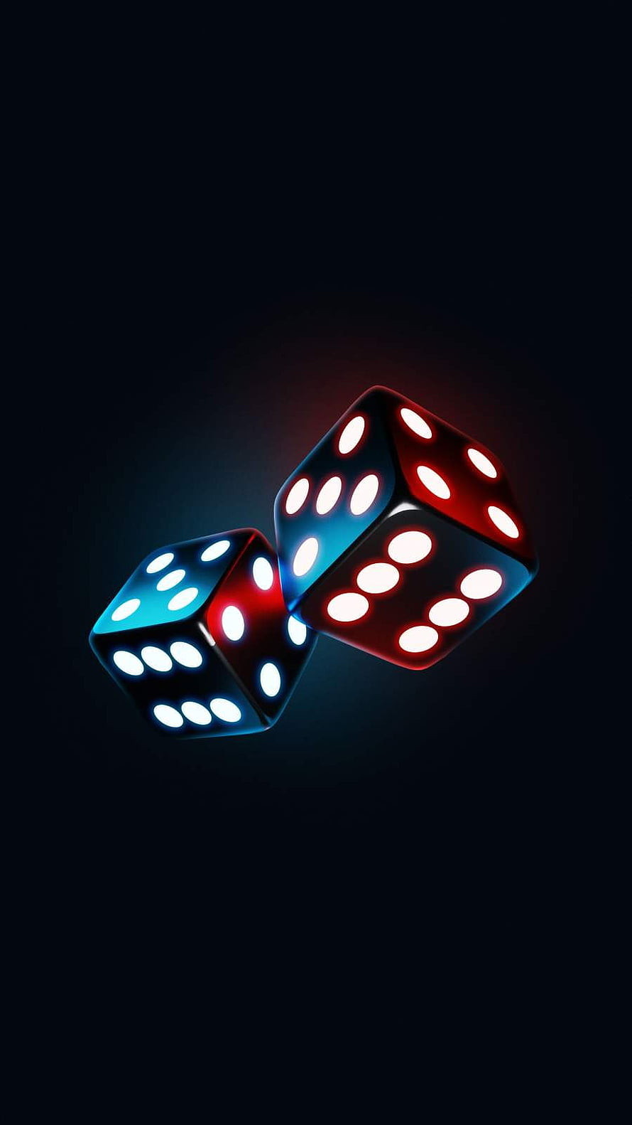 Glowing Red and Blue Dice Floating in Dark Space with Neon Light Effects HD phone wallpaper