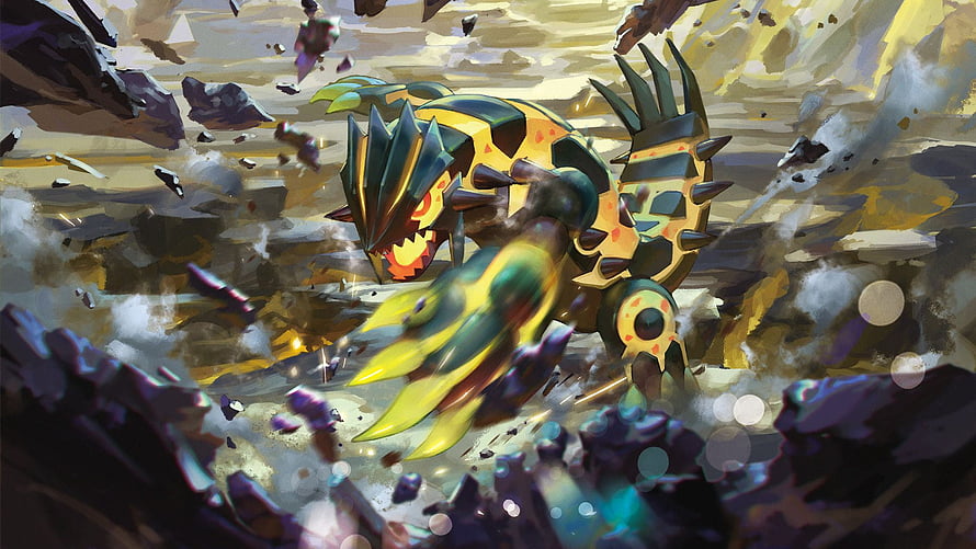 Shiny Rayquaza and Primal Groudon Battle in a Shattered Landscape HD wallpaper