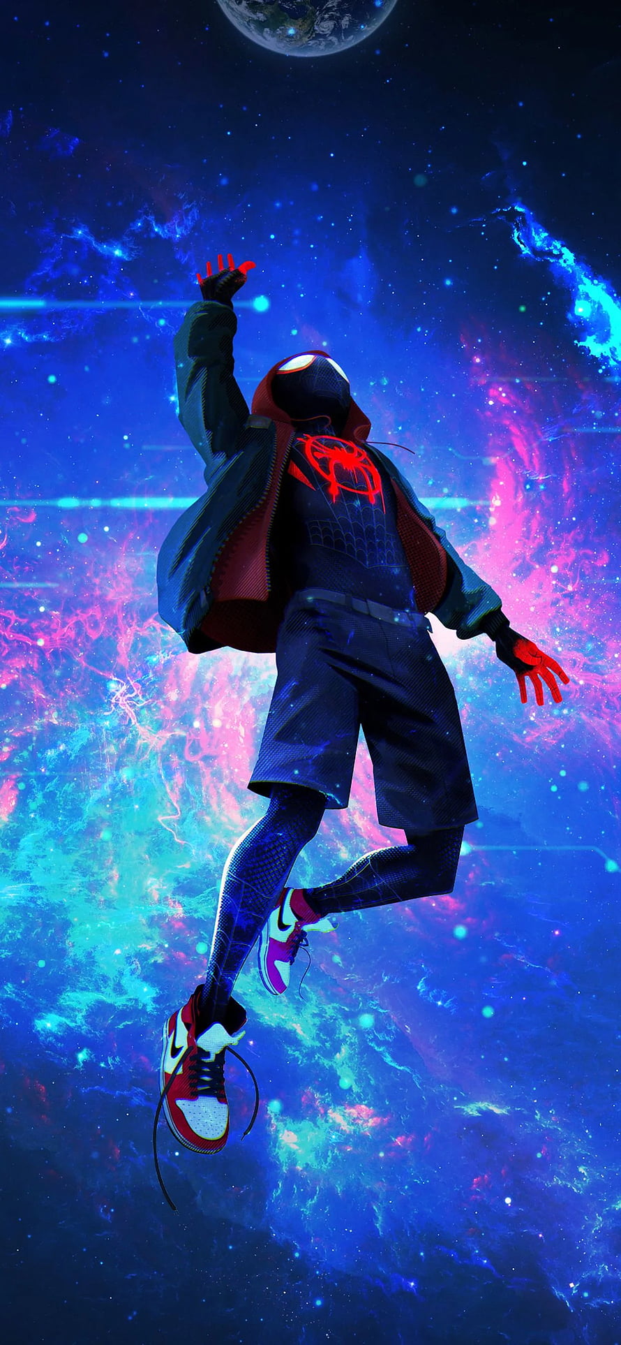 Miles Morales Spider-Man Floating in Cosmic Nebula with Earth in Background HD phone wallpaper