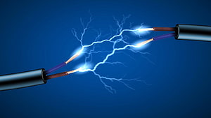 Electric Arc Between Exposed Copper Wires on Deep Blue Background HD wallpaper