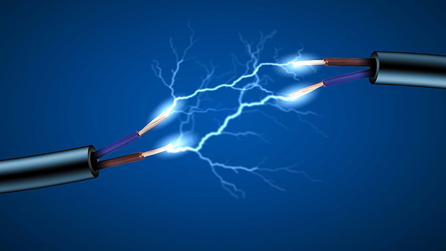 Electric Arc Between Exposed Copper Wires on Deep Blue Background HD wallpaper