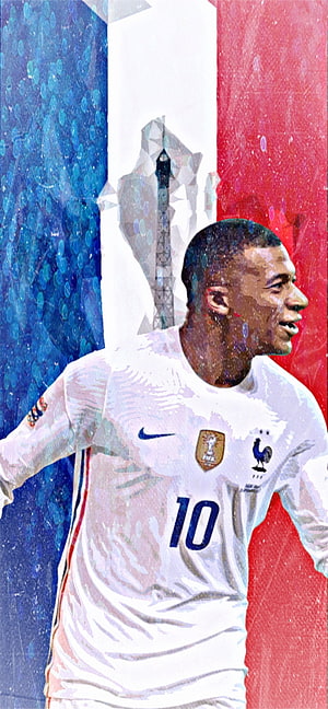 Kylian Mbappe in France National Team Kit with World Cup Trophy and Flag Background HD phone wallpaper
