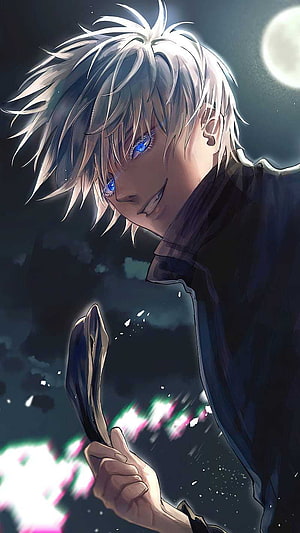 Gojo Satoru Anime Character with Blue Eyes and White Hair Under Moonlight HD phone wallpaper