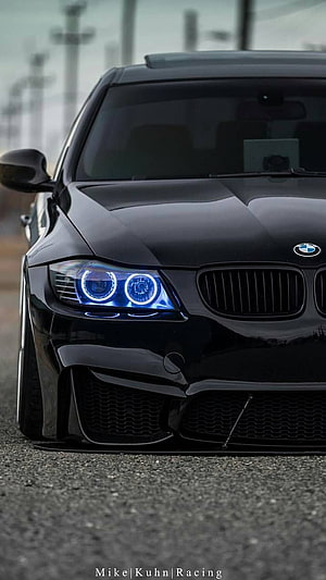 Black BMW M3 Front View With Blue Angel Eyes Headlights And Custom Front Bumper HD phone wallpaper
