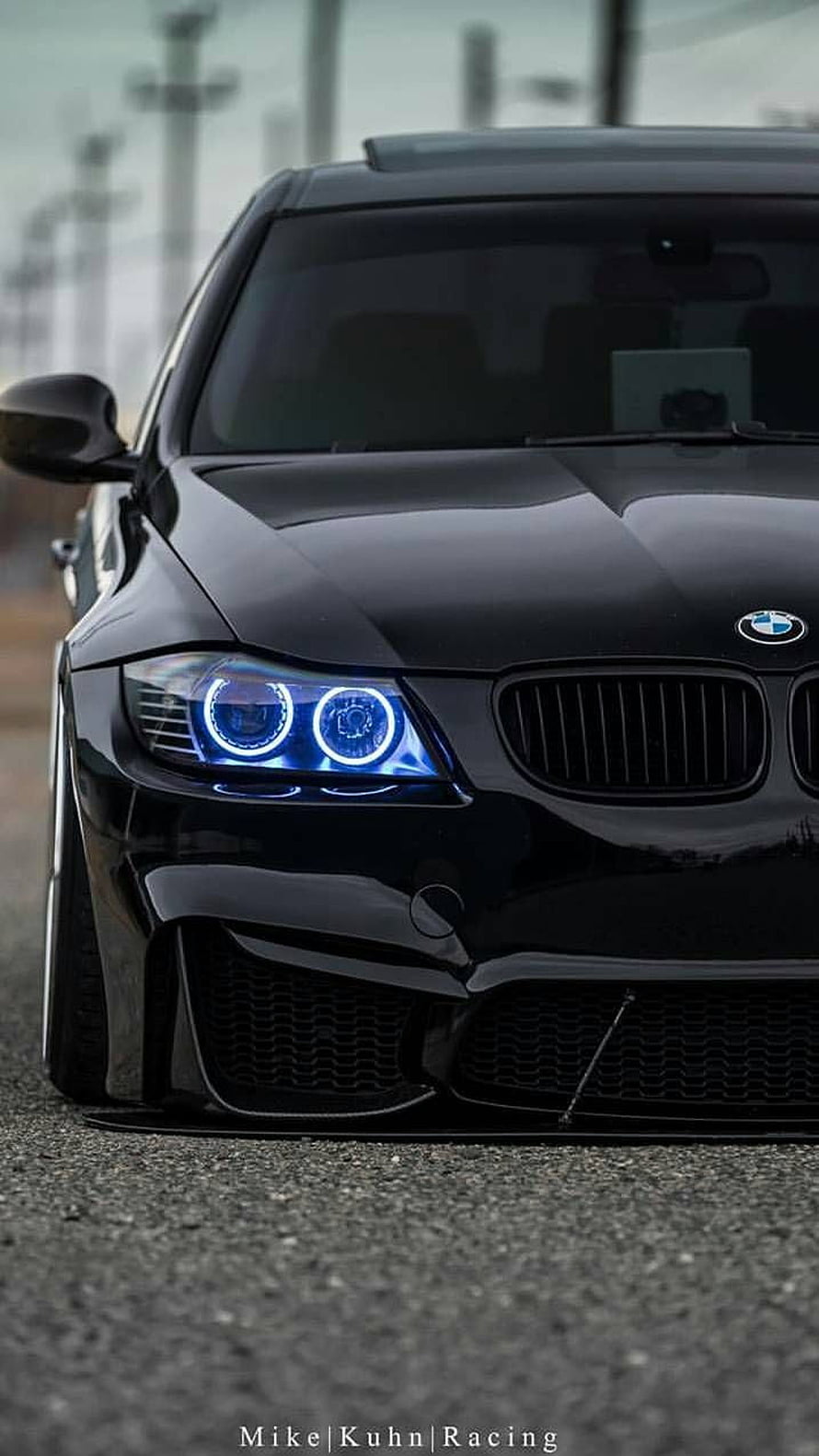 Black BMW M3 Front View With Blue Angel Eyes Headlights And Custom Front Bumper HD phone wallpaper