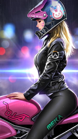 D.Va in Black Leather Biker Gear on a Pink Motorcycle in the Rain HD phone wallpaper