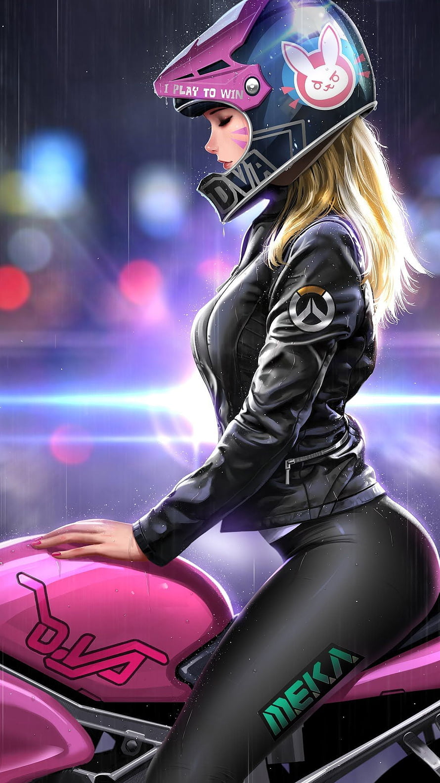 D.Va in Black Leather Biker Gear on a Pink Motorcycle in the Rain HD phone wallpaper