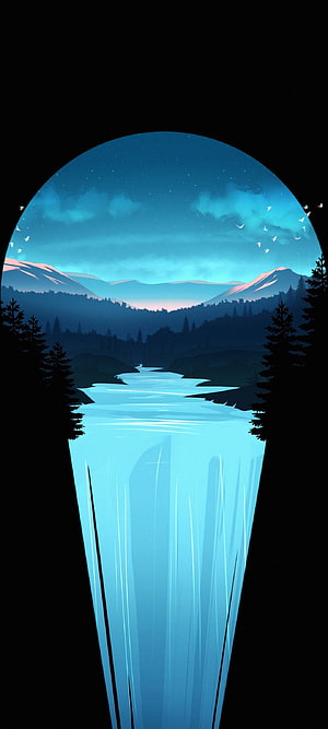 Minimalist Vector Waterfall Scene with Night Sky and Pine Forest Silhouettes HD phone wallpaper