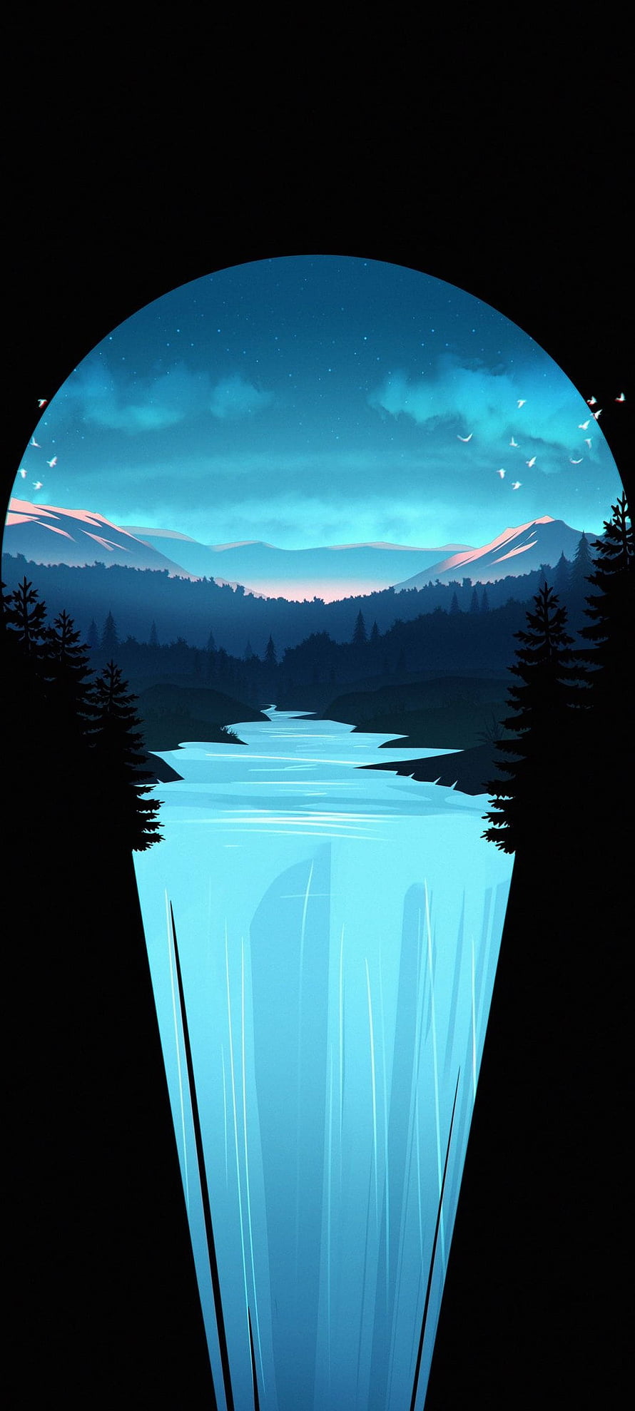 Minimalist Vector Waterfall Scene with Night Sky and Pine Forest Silhouettes HD phone wallpaper