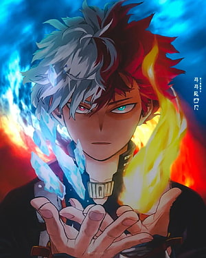 Shoto Todoroki from My Hero Academia channeling ice and fire powers in dramatic anime artwork HD phone wallpaper