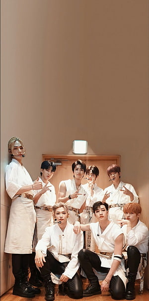 Stray Kids Group Photo in White Stage Outfits HD phone wallpaper
