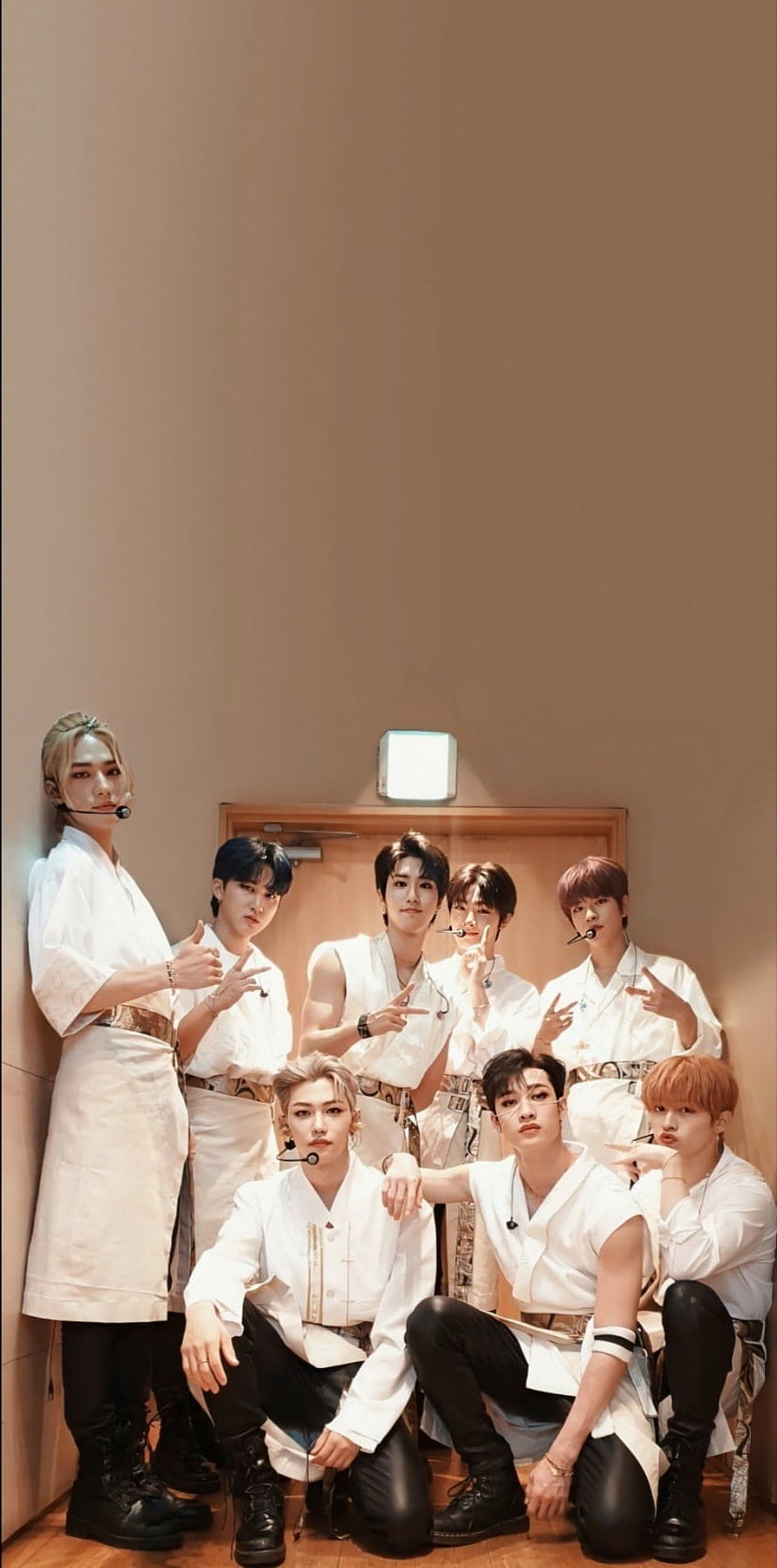 Stray Kids Group Photo in White Stage Outfits HD phone wallpaper