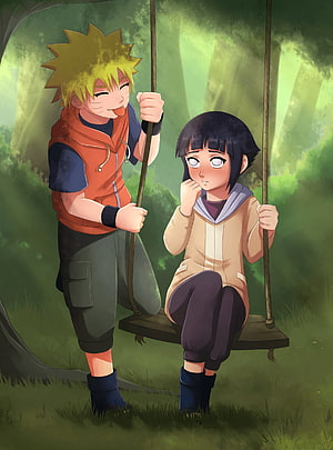 Naruto and Hinata as Children on a Swing in a Forest HD phone wallpaper
