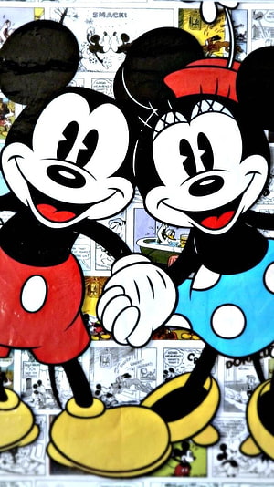 Classic Mickey and Minnie Mouse Cartoon Illustration with Comic Strip Background HD phone wallpaper